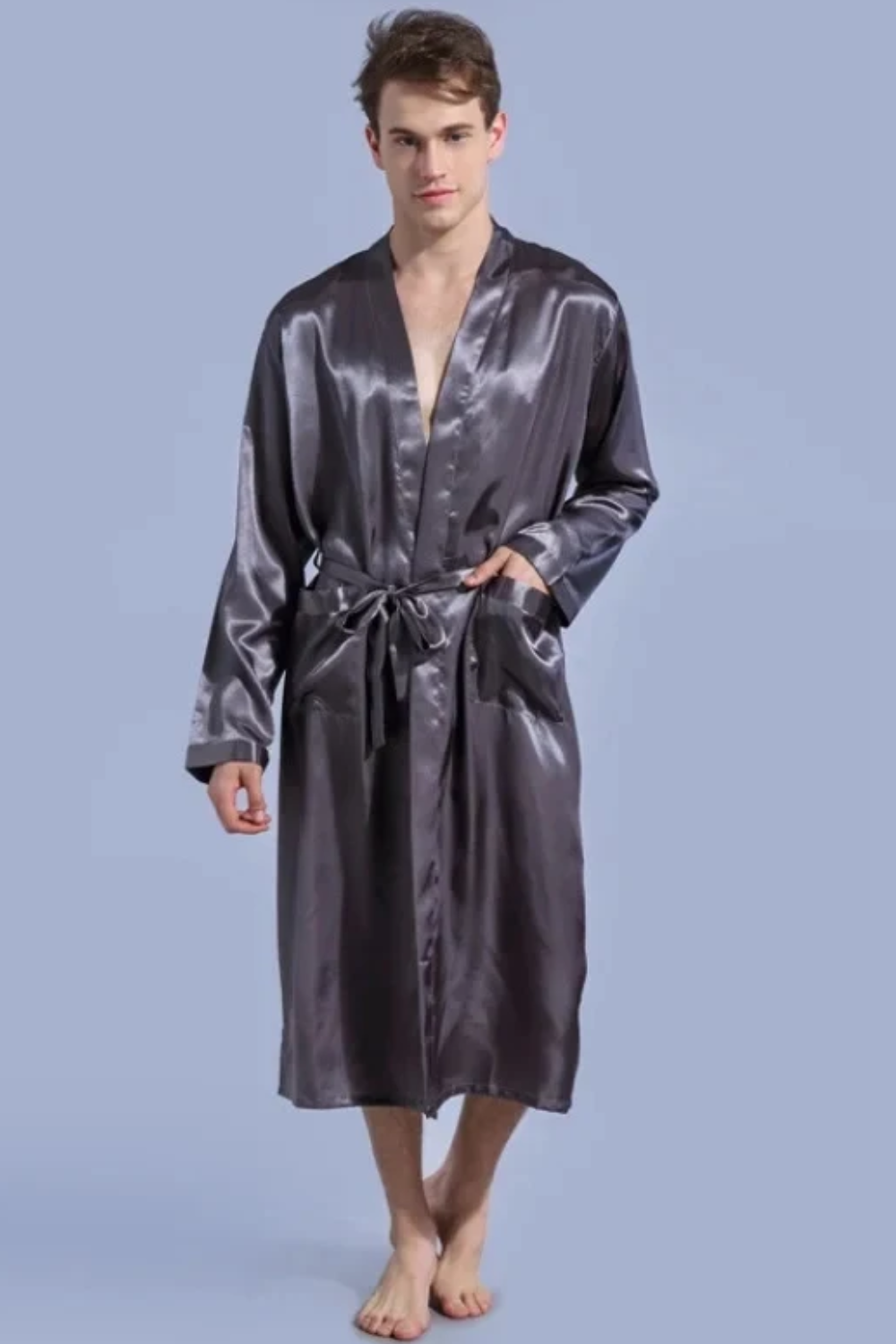 Peignoir Satin Homme Gris